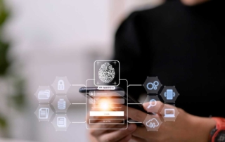 SD-WAN Security Optimization. A person holding a smartphone, with a transparent holographic interface showing a fingerprint icon, padlock, and other security-related symbols hovering in front of the device.