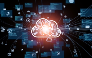 Secure IT Infrastructure Planning. A stylized glowing white cloud icon in the center, surrounded by a burst of lines and data icons (e.g., charts, envelopes, and media symbols) radiating outward. The background is black, suggesting cloud computing and data exchange.