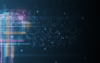 Threat Emulation for Ransomware. A digital, stylized profile of a human head facing left, composed of layered, colorful horizontal and vertical lines. The head appears to be made of digital code or pixel bars, with parts dissolving into scattered data particles and glowing blue dots. The background is dark and futuristic, suggesting artificial intelligence, data processing, or digital identity themes.