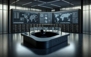AI chatbot assisting a cybersecurity team with incident response, displaying alerts and real-time threat analysis on multiple screens