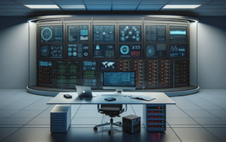 A modern security operations center with a workstation facing a wall of digital monitoring screens displaying cybersecurity dashboards, server performance metrics, and network activity.