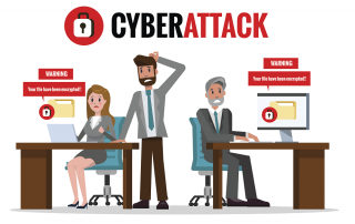 illustrated office workers experiencing cyber attack with warnings that files have been encrypted