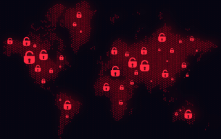 red unlocked padlocks set over a digital map of the world.