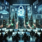 A futuristic cityscape with skyscrapers covered in digital glitch effects and padlock symbols representing the surge in ransomware.