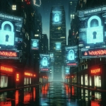 A futuristic cityscape with skyscrapers all covered in digital glitch effects and padlock symbols. Screens showing warnings and ransom messages