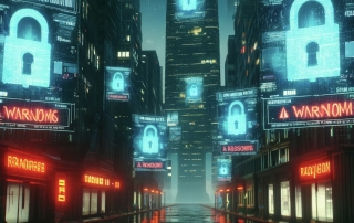 A futuristic cityscape with skyscrapers all covered in digital glitch effects and padlock symbols. Screens showing warnings and ransom messages
