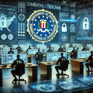 Concept image representing the FBI's efforts in combating cybercrime, focusing on a high-tech control room with agents monitoring various data screens. The image highlights the serious and professional atmosphere of the FBI's cybersecurity operations.