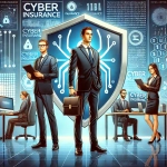 There are five lawyers standing in the frame with two sitting down at desks on computers. Three are standing. Two have files in hand and the man in the middle holds a briefcase while looking trustworthy. The background is filled with binary code, shields, and wording like "cyber insurance" The background is blue and in the middle, there is a big shield.