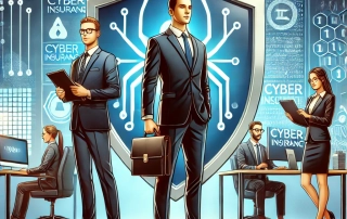 There are five lawyers standing in the frame with two sitting down at desks on computers. Three are standing. Two have files in hand and the man in the middle holds a briefcase while looking trustworthy. The background is filled with binary code, shields, and wording like "cyber insurance" The background is blue and in the middle, there is a big shield.