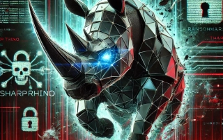 AI-generated concept image of a SharpRhino Malware. A gray rhino with glowing blue eyes stands in the middle of the screen. The background features cybersecurity and ransomware themes. There are lock, skullls, coding, and the words sharp rhino scattered behind the rhino.