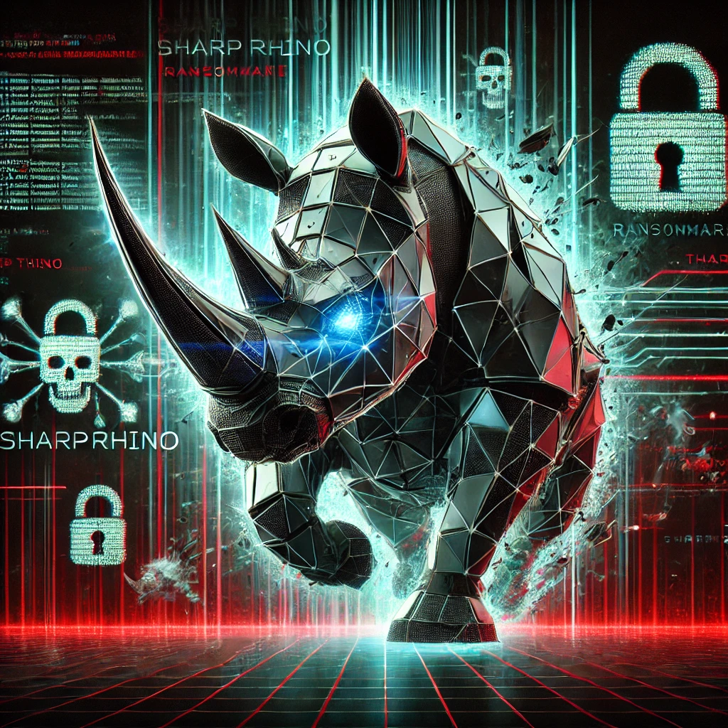 AI-generated concept image of a SharpRhino Malware. A gray rhino with glowing blue eyes stands in the middle of the screen. The background features cybersecurity and ransomware themes. There are lock, skullls, coding, and the words sharp rhino scattered behind the rhino.