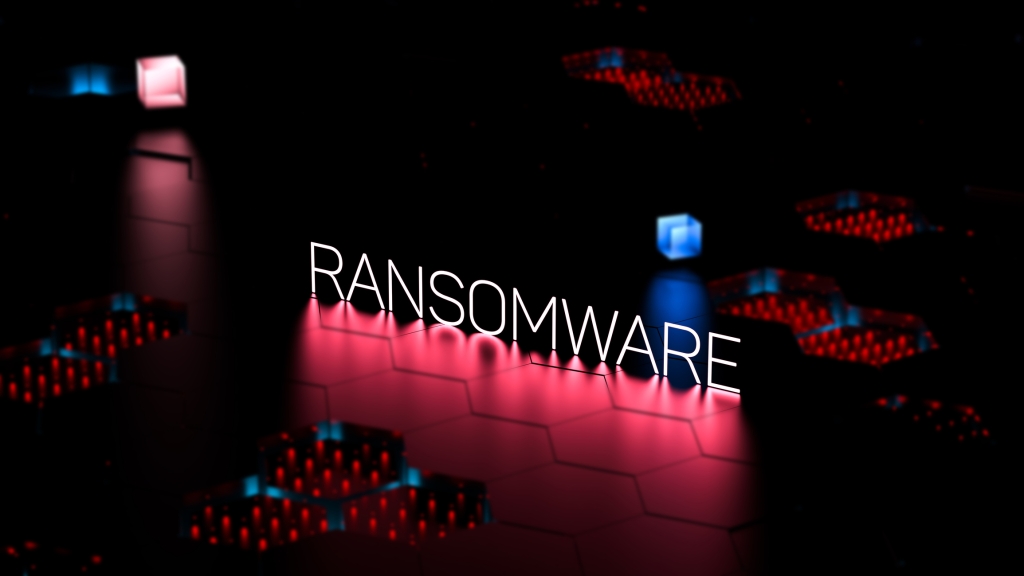 Rhysida Ransomware concept photo 3D rendered. The word RANSOMWARE is written in all capital, white letters and stands in the middle of the screen. It's reflection on the floor is red and there is a red and blue cube floating in the background. There seems to be panels of red and blue tech boards scattered around the image.