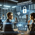 illustration depicting ransomware recovery case study, featuring a diverse team of cybersecurity experts.