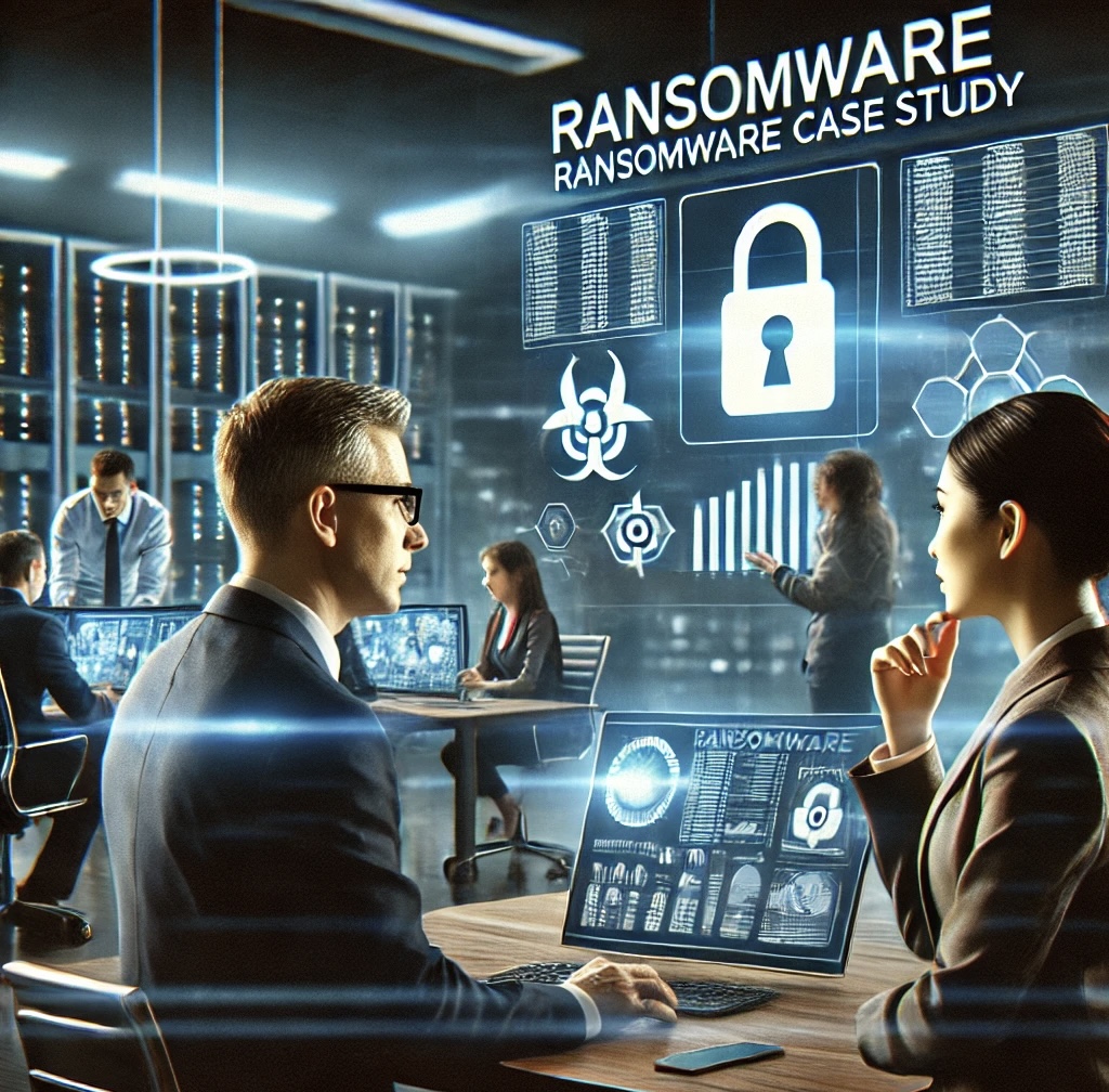 illustration depicting ransomware recovery case study, featuring a diverse team of cybersecurity experts.