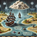 DALLE illustration depicting the concept of navigating ransomware as a pirate ship journey on a map. This imaginative scene merges elements of old-world piracy with modern cybersecurity challenges.