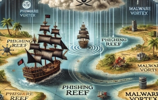 DALLE illustration depicting the concept of navigating ransomware as a pirate ship journey on a map. This imaginative scene merges elements of old-world piracy with modern cybersecurity challenges.