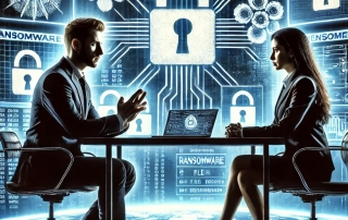 A dynamic illustration depicting two people negotiating, with ransomware and cybersecurity themes visible in the background.