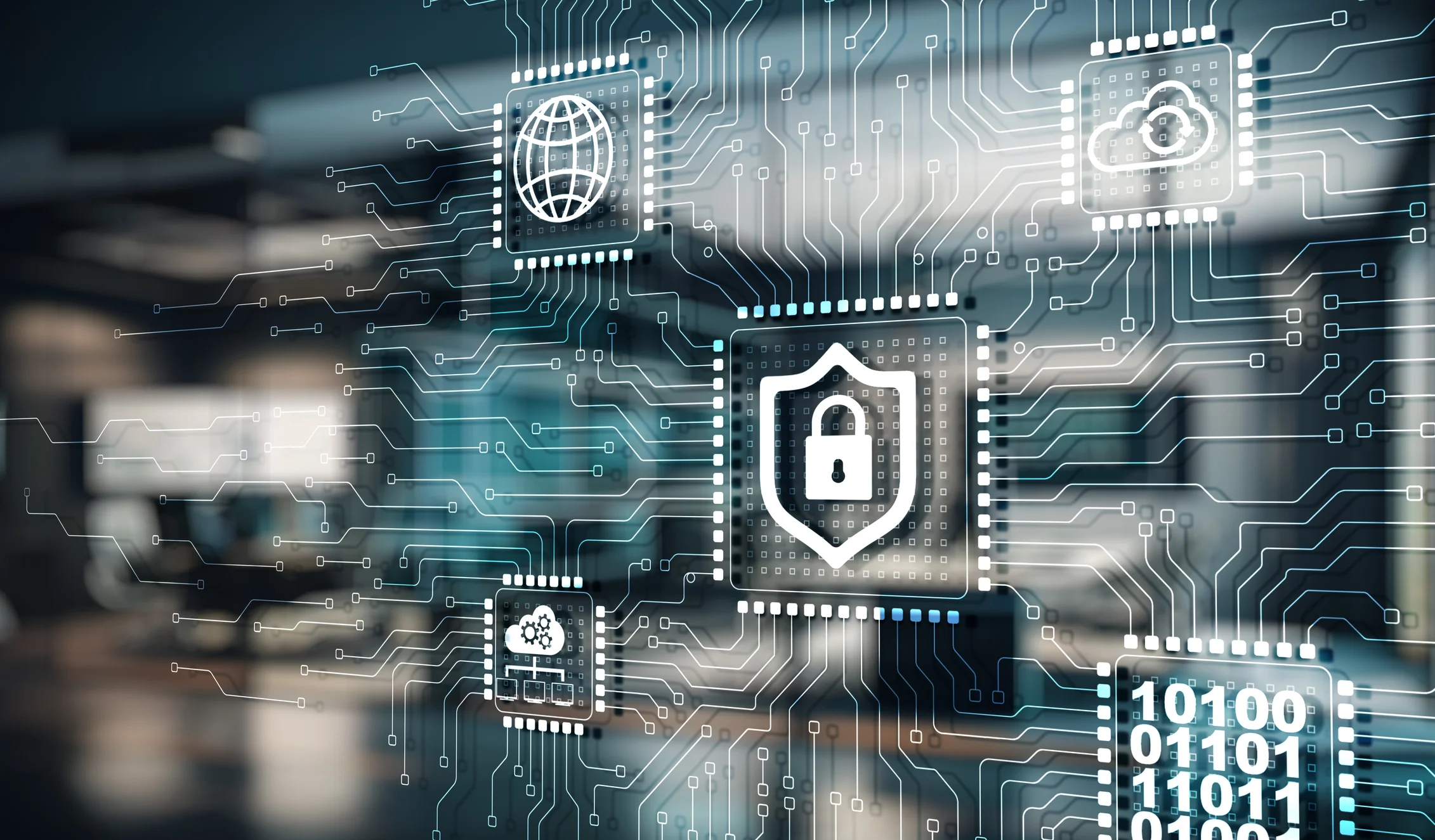 Data breach recovery planning. This image depicts a digitally rendered concept of a circuit board with various cybersecurity symbols. It features a complex network of electronic traces and nodes, simulating a computer motherboard. Prominently displayed are icons representing a globe, a padlock, and binary code (0s and 1s), all symbolizing different aspects of digital security. The image has a high-tech, futuristic feel, with a sharp focus on the central area gradually blurring towards the edges, enhancing the depth and detail of the circuitry.