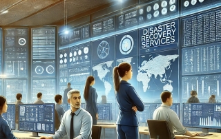 illustration depicting a disaster recovery services scenario, featuring a team of professionals in a high-tech control room.