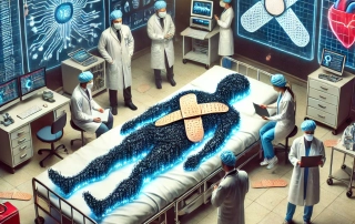 illustration depicting ransomware recovery services with a healthcare theme, featuring cybersecurity professionals dressed as doctors examining a network in a hospital setting.