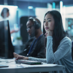 Cyber breach containment services. The image shows a woman seated at a desk, closely monitoring multiple large computer screens. She appears focused, with one hand resting on her chin and the other near the keyboard. Behind her, there is a man also working at a computer, wearing headphones. The room has a high-tech, professional atmosphere, suggesting a cybersecurity or IT environment. The lighting is cool and dim, and there are other people visible in the background, though blurred. The image conveys a sense of concentration and teamwork in a modern, technology-driven setting.