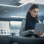 Effective Cyber Breach Containment Services. A Woman with brown hair stands with a silver laptop in hand and she appears to be typing something on it. She is in a gray office space.