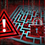 Maze ransomware recovery steps. At the center of the image is a 3D maze structure in light blue tones, symbolizing the complex, entangled nature of Maze ransomware. Scattered within the maze are red digital locks and other security icons, representing the encryption and obstacles posed by the ransomware. In the foreground, there’s a prominent red warning triangle with a white exclamation point inside, symbolizing a critical alert or threat. To the right of the maze is a large padlock in red and black, suggesting the idea of locked or encrypted data. The background is filled with rows of binary code (ones and zeros) in dark red and black tones, creating an ominous, digital atmosphere. The colors and abstract maze imagery evoke a sense of danger, encryption, and the complexity involved in navigating through a ransomware attack.