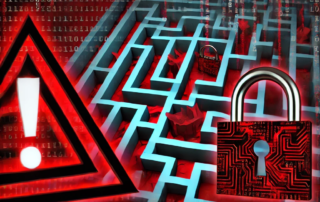 Maze ransomware recovery steps. At the center of the image is a 3D maze structure in light blue tones, symbolizing the complex, entangled nature of Maze ransomware. Scattered within the maze are red digital locks and other security icons, representing the encryption and obstacles posed by the ransomware. In the foreground, there’s a prominent red warning triangle with a white exclamation point inside, symbolizing a critical alert or threat. To the right of the maze is a large padlock in red and black, suggesting the idea of locked or encrypted data. The background is filled with rows of binary code (ones and zeros) in dark red and black tones, creating an ominous, digital atmosphere. The colors and abstract maze imagery evoke a sense of danger, encryption, and the complexity involved in navigating through a ransomware attack.