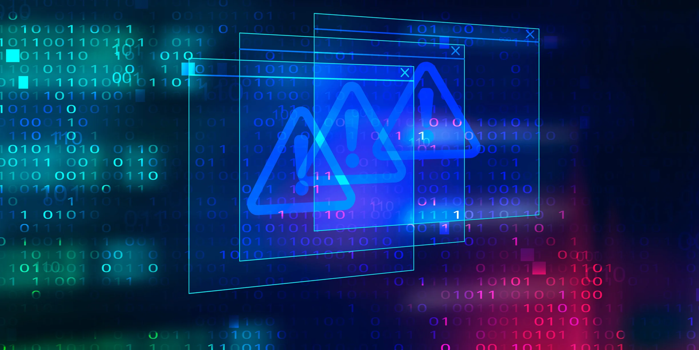 LockBit ransomware recovery. The image shows a digital graphic with a dark background, featuring layers of translucent blue and green warning symbols (triangles with exclamation marks). These symbols appear to overlap with each other, suggesting multiple alerts or warnings. Behind the warning icons, there are binary code sequences (ones and zeros) scattered across the image, giving it a techy, cybersecurity-related vibe. The colors range from shades of blue to red, adding to the impression of a data or security breach alert.