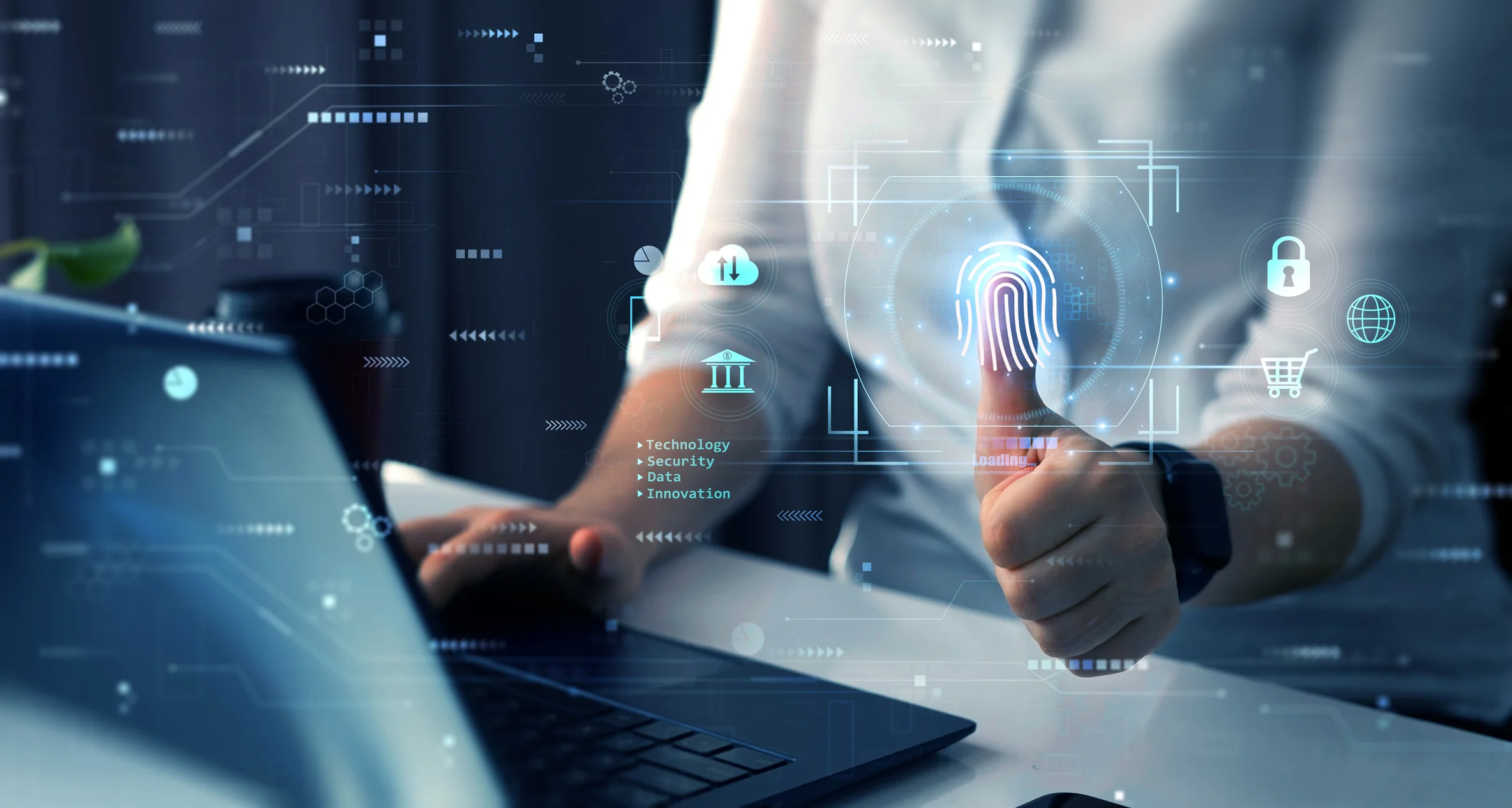 Documenting your ransomware response. The image features a person sitting at a desk, using a laptop. The individual is giving a thumbs-up gesture, and their thumb is highlighted with a glowing digital fingerprint, symbolizing biometric security or authentication. Floating around the thumb and computer are various icons and graphics, including padlocks, network symbols, and digital connections, representing different elements of cybersecurity, data protection, and secure access. The background is filled with a futuristic digital interface, emphasizing the concept of advanced technology and identity verification.
