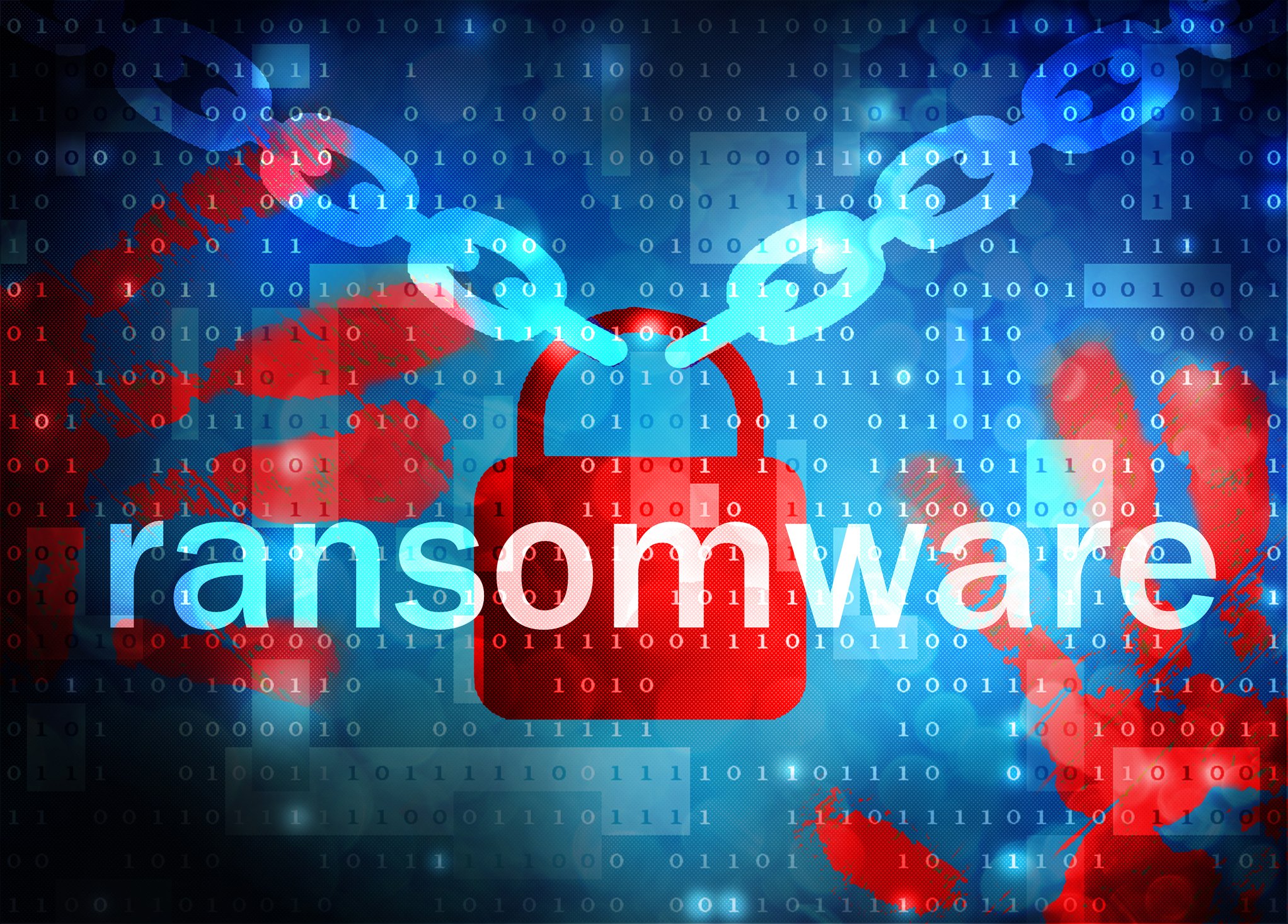 Post-attack cybersecurity improvements. The image shows the word "ransomware" prominently displayed in large white or light-colored text against a dark background. Behind the text is a red padlock symbol, representing security or access restriction, with a broken chain extending from each side, symbolizing a breach or vulnerability. The background features binary code (sequences of 1s and 0s), giving the image a digital or cyber feel. The design emphasizes the concept of ransomware as a threat that "breaks" or bypasses security, targeting and locking down data in the digital world.