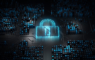 Communicating during ransomware attack. The image shows a futuristic, glowing digital representation of a lock symbol, suggesting cybersecurity or data protection. The lock appears in neon blue, standing out against a dark background of a circuit board-like design. Surrounding the lock are small, illuminated squares resembling data blocks or pixels, with some glowing in various shades of blue, giving the impression of interconnected systems or a digital network. The scene conveys a high-tech, secure environment.