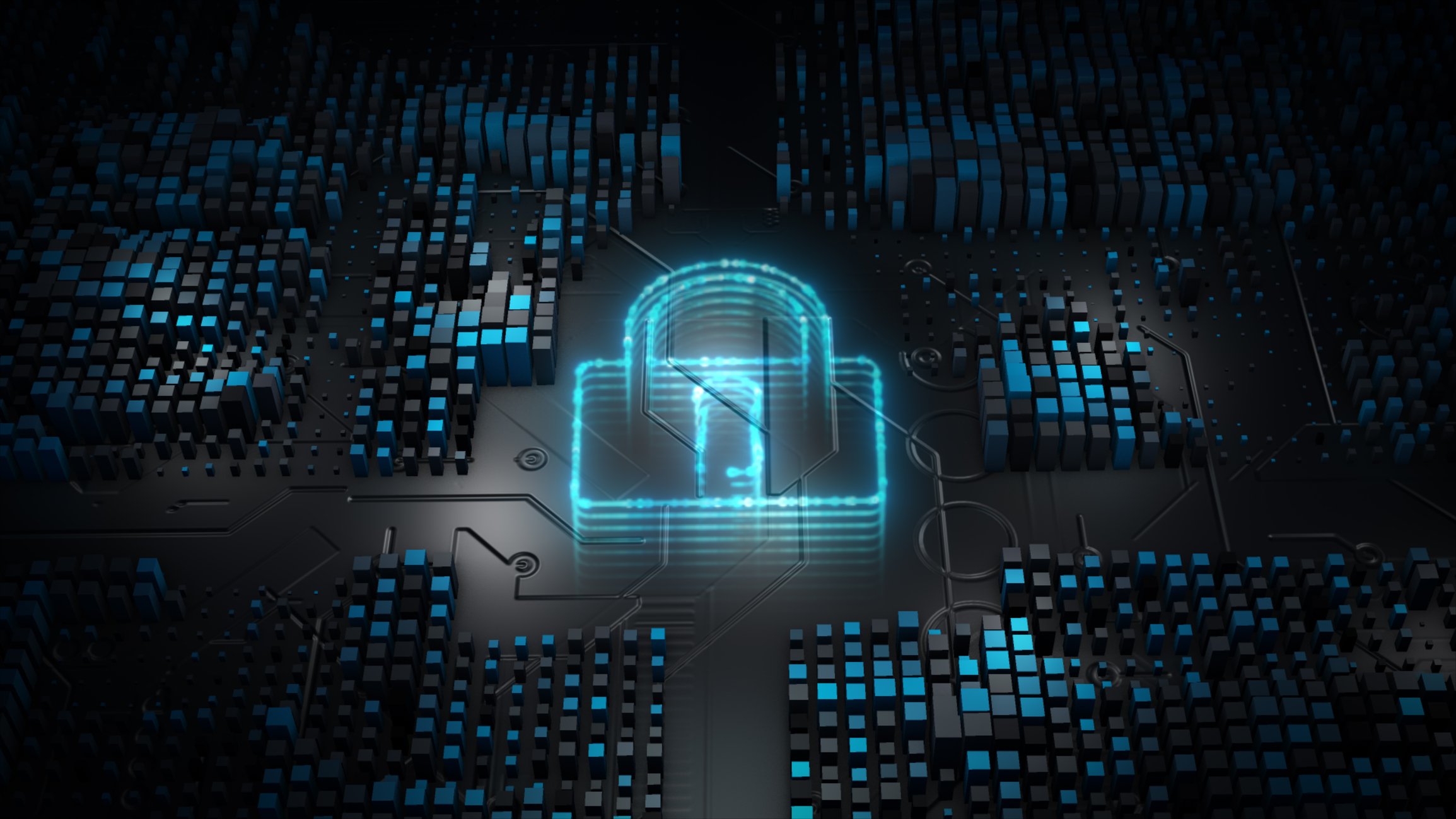 Communicating during ransomware attack. The image shows a futuristic, glowing digital representation of a lock symbol, suggesting cybersecurity or data protection. The lock appears in neon blue, standing out against a dark background of a circuit board-like design. Surrounding the lock are small, illuminated squares resembling data blocks or pixels, with some glowing in various shades of blue, giving the impression of interconnected systems or a digital network. The scene conveys a high-tech, secure environment.