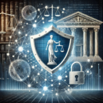 Cybersecurity insurance for ransomware recovery. onceptual image that combines themes of insurance, cybersecurity, law, order, and protection. It features symbols like a glowing shield, scales of justice, and digital patterns, set against a backdrop evoking authority and security.