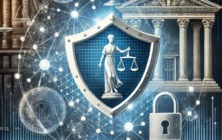 Cybersecurity insurance for ransomware recovery. onceptual image that combines themes of insurance, cybersecurity, law, order, and protection. It features symbols like a glowing shield, scales of justice, and digital patterns, set against a backdrop evoking authority and security.