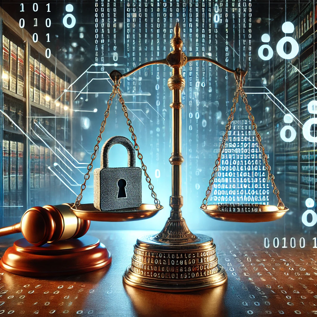 Legal compliance in ransomware recovery. The image portrays a symbolic representation of "Legal Compliance in Ransomware Recovery." At the center is a golden balance scale. One side of the scale holds a silver lock, symbolizing data security, while the other side holds a stack of glowing documents, representing legal compliance. Beneath the scale lies a wooden gavel, emphasizing justice and the legal aspect of ransomware recovery. The background features a digital environment with streams of binary code (1s and 0s) and circuitry patterns, giving a high-tech feel. Shelves filled with law books appear on one side, blending traditional legal imagery with the modern digital theme. The overall atmosphere conveys a sense of balance, security, and the importance of following legal protocols in cybersecurity. The glowing elements and mix of modern and traditional symbols reinforce the theme of bridging law and technology.