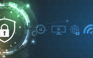 Financial impact of ransomware on small businesses. The image illustrates a cybersecurity concept. On the left, a glowing shield with a lock icon in the center symbolizes protection and data security. The shield is surrounded by a futuristic circular interface with layers of glowing digital elements in shades of green and yellow, giving it a high-tech feel. To the right, a series of icons connected by a thin glowing line represent different aspects of technology: a desktop computer, a globe (internet), a Wi-Fi signal, a cloud, and a database. Each icon has a small padlock symbol, emphasizing security across various digital platforms. The background consists of a subtle hexagonal grid pattern, further reinforcing the technological theme. The overall design is sleek and modern, highlighting secure connections and cybersecurity across devices and networks.