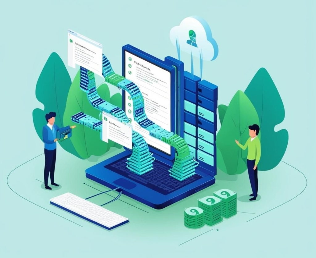 Choosing ransomware recovery service. Ai generated. The image is an illustration featuring two people interacting with a large laptop. Data is represented as stacks of files or digital records flowing from the laptop screen to cloud storage and other servers. The left side shows one person holding a tablet, seemingly monitoring or managing the data transfer, while the other person observes. The stacks and files are stylized as moving seamlessly between devices, symbolizing data processing, digital management, or cloud computing. The background includes large green leaves, giving it an eco-friendly or technology-driven theme.