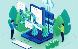 Choosing ransomware recovery service. Ai generated. The image is an illustration featuring two people interacting with a large laptop. Data is represented as stacks of files or digital records flowing from the laptop screen to cloud storage and other servers. The left side shows one person holding a tablet, seemingly monitoring or managing the data transfer, while the other person observes. The stacks and files are stylized as moving seamlessly between devices, symbolizing data processing, digital management, or cloud computing. The background includes large green leaves, giving it an eco-friendly or technology-driven theme.