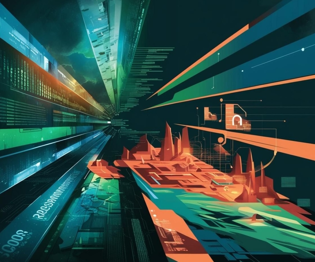 Three Key Cybersecurity Gaps That Left Organizations Vulnerable in 2024. Ai generated. The image is a vibrant and dynamic digital illustration, featuring abstract representations of data flow and technology. It has a futuristic, almost cyberpunk aesthetic, with neon colors, primarily in shades of green, blue, orange, and teal. The scene seems to depict a high-tech landscape or a data highway, with various layers of digital information and structures. It has a sense of depth, as if looking down a long, tunnel-like corridor filled with lines of code, abstract buildings, and data streams moving forward. The left side contains rows of binary code and text, suggesting a flow of digital information, while the right side has more angular, red-orange shapes resembling a cityscape or circuit board. Towards the center and bottom, there are geometric shapes and lines connecting the sections, giving the impression of interconnected networks. The style is abstract but structured, evoking the feeling of a digital world or a futuristic network in motion, perhaps symbolizing data transmission or cyber infrastructure. The overall vibe is fast-paced and technologically advanced.