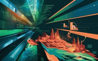 Three Key Cybersecurity Gaps That Left Organizations Vulnerable in 2024. Ai generated. The image is a vibrant and dynamic digital illustration, featuring abstract representations of data flow and technology. It has a futuristic, almost cyberpunk aesthetic, with neon colors, primarily in shades of green, blue, orange, and teal. The scene seems to depict a high-tech landscape or a data highway, with various layers of digital information and structures. It has a sense of depth, as if looking down a long, tunnel-like corridor filled with lines of code, abstract buildings, and data streams moving forward. The left side contains rows of binary code and text, suggesting a flow of digital information, while the right side has more angular, red-orange shapes resembling a cityscape or circuit board. Towards the center and bottom, there are geometric shapes and lines connecting the sections, giving the impression of interconnected networks. The style is abstract but structured, evoking the feeling of a digital world or a futuristic network in motion, perhaps symbolizing data transmission or cyber infrastructure. The overall vibe is fast-paced and technologically advanced.