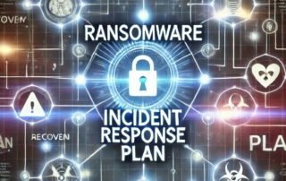 Implementing ransomware incident response plan. The image portrays a conceptual representation of a ransomware incident response plan. At its center, bold and futuristic typography spells out the phrase "RANSOMWARE INCIDENT RESPONSE PLAN," with the word "PLAN" standing out to emphasize its critical role. The background flows from dark tones at the edges, evoking the chaos of a ransomware attack, to lighter tones near the center, symbolizing resolution and recovery. Abstract elements are woven throughout the design. Glowing locks represent data protection and encryption, while shields signify defense mechanisms. Warning symbols are scattered to suggest the presence of potential threats. The entire scene is connected by a web of glowing lines and nodes, illustrating the complex flow of data within a network. The composition is entirely digital, with no human figures present, focusing exclusively on the technological and systematic aspects of a ransomware response plan. The mood is sleek and professional, conveying a sense of urgency and control.