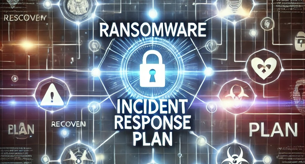 Implementing ransomware incident response plan. The image portrays a conceptual representation of a ransomware incident response plan. At its center, bold and futuristic typography spells out the phrase "RANSOMWARE INCIDENT RESPONSE PLAN," with the word "PLAN" standing out to emphasize its critical role. The background flows from dark tones at the edges, evoking the chaos of a ransomware attack, to lighter tones near the center, symbolizing resolution and recovery. Abstract elements are woven throughout the design. Glowing locks represent data protection and encryption, while shields signify defense mechanisms. Warning symbols are scattered to suggest the presence of potential threats. The entire scene is connected by a web of glowing lines and nodes, illustrating the complex flow of data within a network. The composition is entirely digital, with no human figures present, focusing exclusively on the technological and systematic aspects of a ransomware response plan. The mood is sleek and professional, conveying a sense of urgency and control.