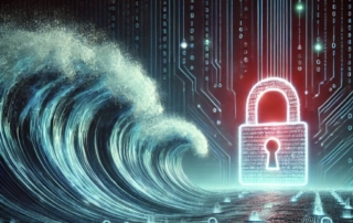 The image depicts a massive digital wave made of glowing binary code, with a large red padlock at the crest, symbolizing the growing and imminent threat of ransomware attacks.