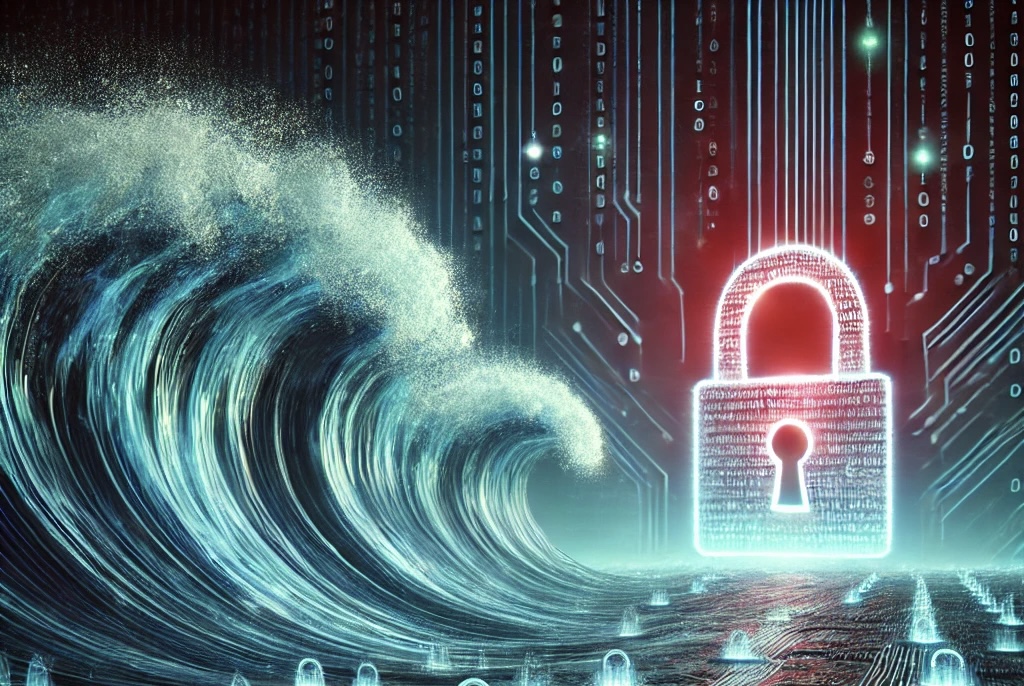 The image depicts a massive digital wave made of glowing binary code, with a large red padlock at the crest, symbolizing the growing and imminent threat of ransomware attacks.