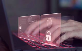 Data exfiltration response. This image depicts hands typing on a laptop with a backlit keyboard, glowing red. Overlaid on the scene are translucent, futuristic digital panels that appear to float above the keyboard. These panels display icons and information related to cybersecurity and data protection. Prominent features include a fingerprint icon, a lock symbol, and a folder icon, indicating biometric security and data privacy. The panels also have small text and graphics resembling user interface elements, adding a high-tech and futuristic feel to the scene. The overall tone suggests themes of secure access, technology, and innovation.