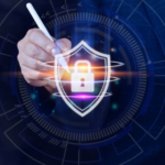 Insider threats and ransomware risks. A person in a suit holds a stylus or pen pointing toward a glowing digital shield with a lock icon at its center. The background has a high-tech, circular interface design, emphasizing the theme of cybersecurity and data encryption.