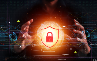 Cross-industry ransomware solutions. A person’s hands frame a glowing orange shield with a padlock, surrounded by digital lines and symbols, symbolizing secure data.