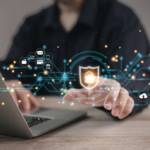 Cyber insurance for ransomware protection. A person holding a digital tablet with their hand extended forward. On the screen, a glowing shield with a padlock is prominent, surrounded by smaller shield icons, symbolizing digital security and protection.