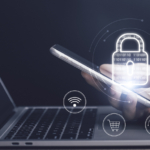 Data protection law compliance. A smartphone and laptop are side by side, with a glowing padlock floating above, surrounded by icons representing Wi-Fi, shopping, and cloud storage.